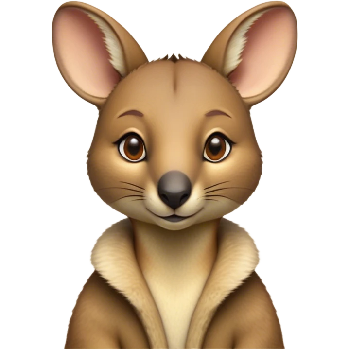 Cinematic Noble Wallaby Portrait Emoji, Poised and regal, with a compact, agile build and a soft, well-groomed fur of warm tan and light brown hues, deep-set soulful amber eyes and perky ears, Simplified yet sharp and sophisticated features, highly detailed, glowing with a soft, dignified glow, high shine, intelligent and spry, stylized with an air of bushland elegance, focused and attentive, soft glowing outline, capturing the essence of a watchful and confident marsupial, so majestic it feels as though it could hop out of the screen with effortless authority! emoji