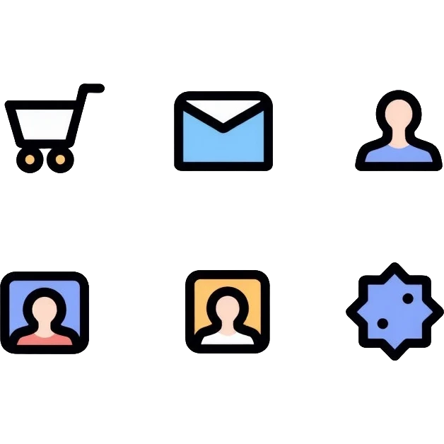 website navigation icons with home, mail, shopping cart, user profile, and settings emoji