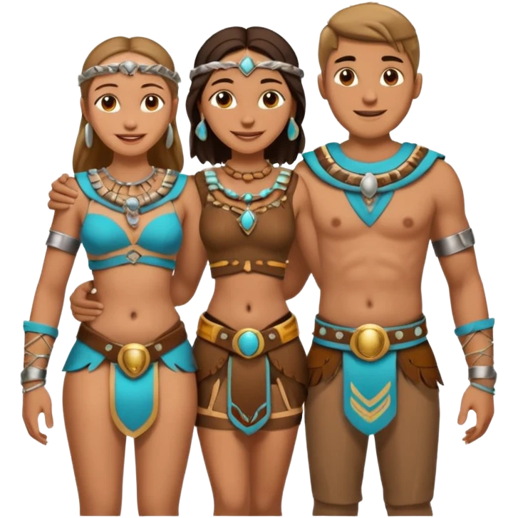A happy tribal man holding hands with a happy tribal woman wearing a chastity belt emoji