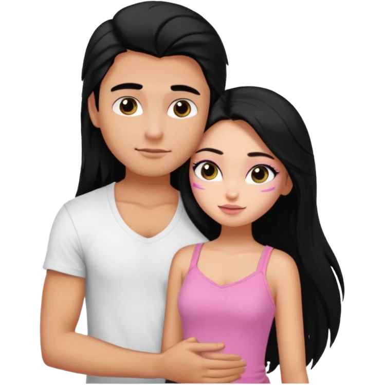 generate a pretty tan bratz boy wearing a white tshirt. Hugging a fair girl with long black hair, eyeliner, wearing a pink cami.  emoji