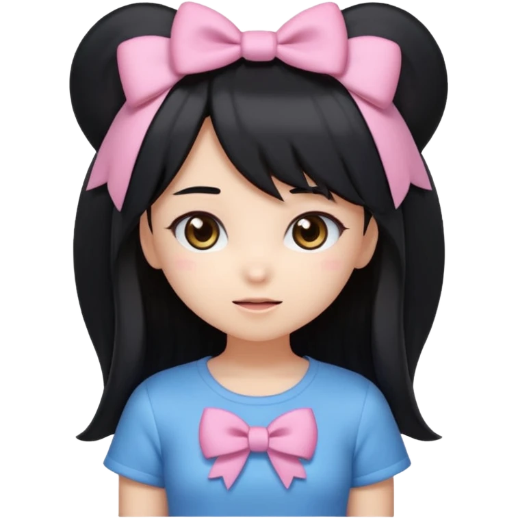 A kawaii-style emoji of a cute anime girl with long, straight black hair, with side bangs, big shiny brown eyes, and soft makeup. She has a small pink bow on her hair and is wearing a pastel blue top but with a Sonic the Hedgehog design printed on it (cute Sonic style). emoji
