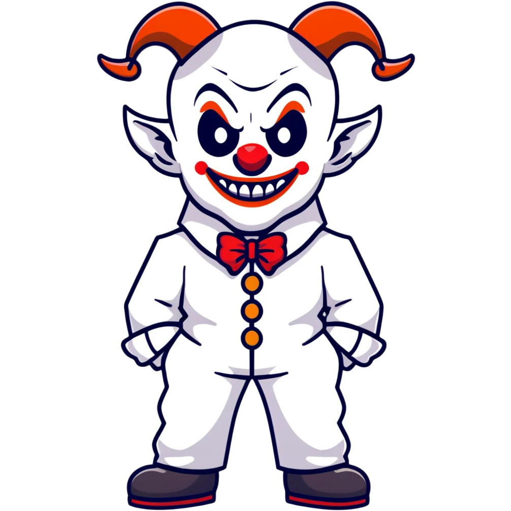 full-body demonic clown in a white leisure suit with bellbottom pants, bald, with black ram horns emoji