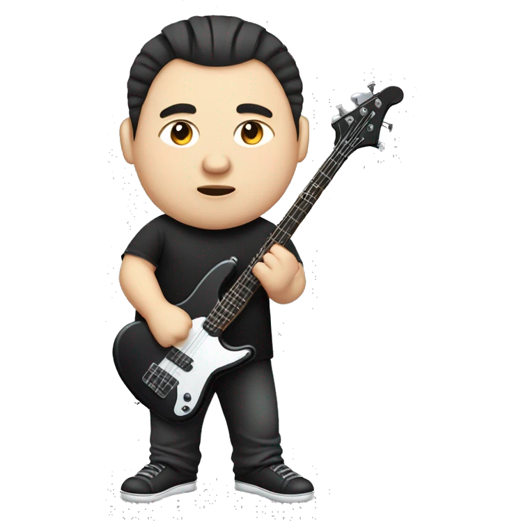 chubby chinese guy with fair skin, man bun, black shirt and bass guitar caricature emoji