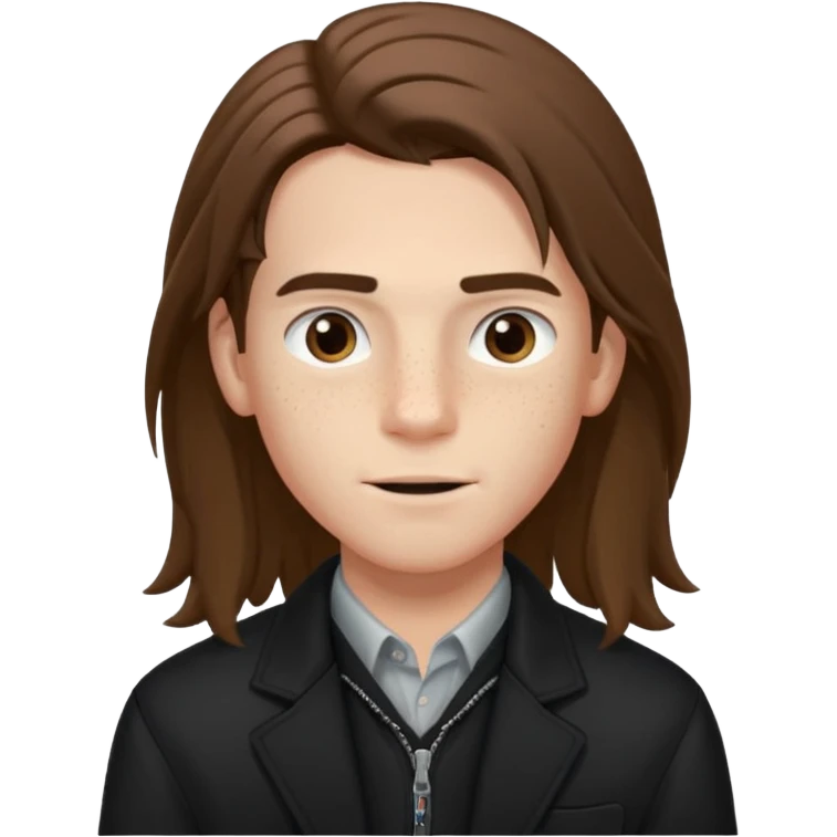 Un chico con pelo largo, que le llegue hasta las cejas, tiene pecas, brackets, ojos cafés oscuros y con una chaqueta negra emoji