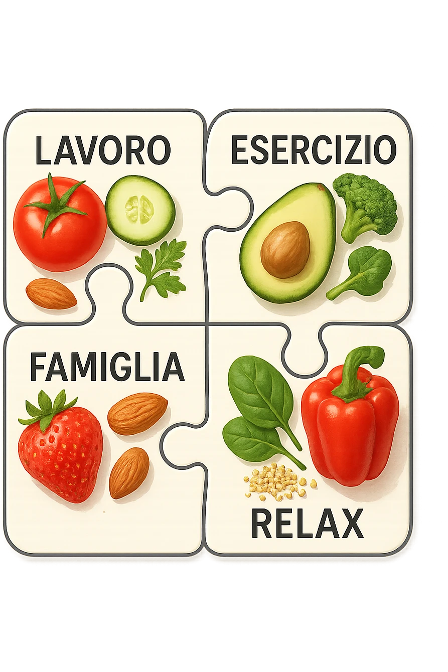 Puzzle (Lavoro, Esercizio, Famiglia, Relax), and healthy foods are integrated into each piece. in italiano emoji