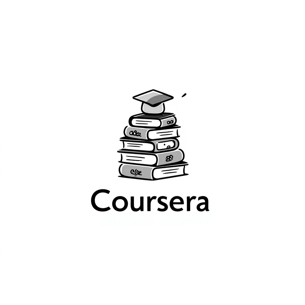 Hand-drawn Coursera logo with learning symbols emoji
