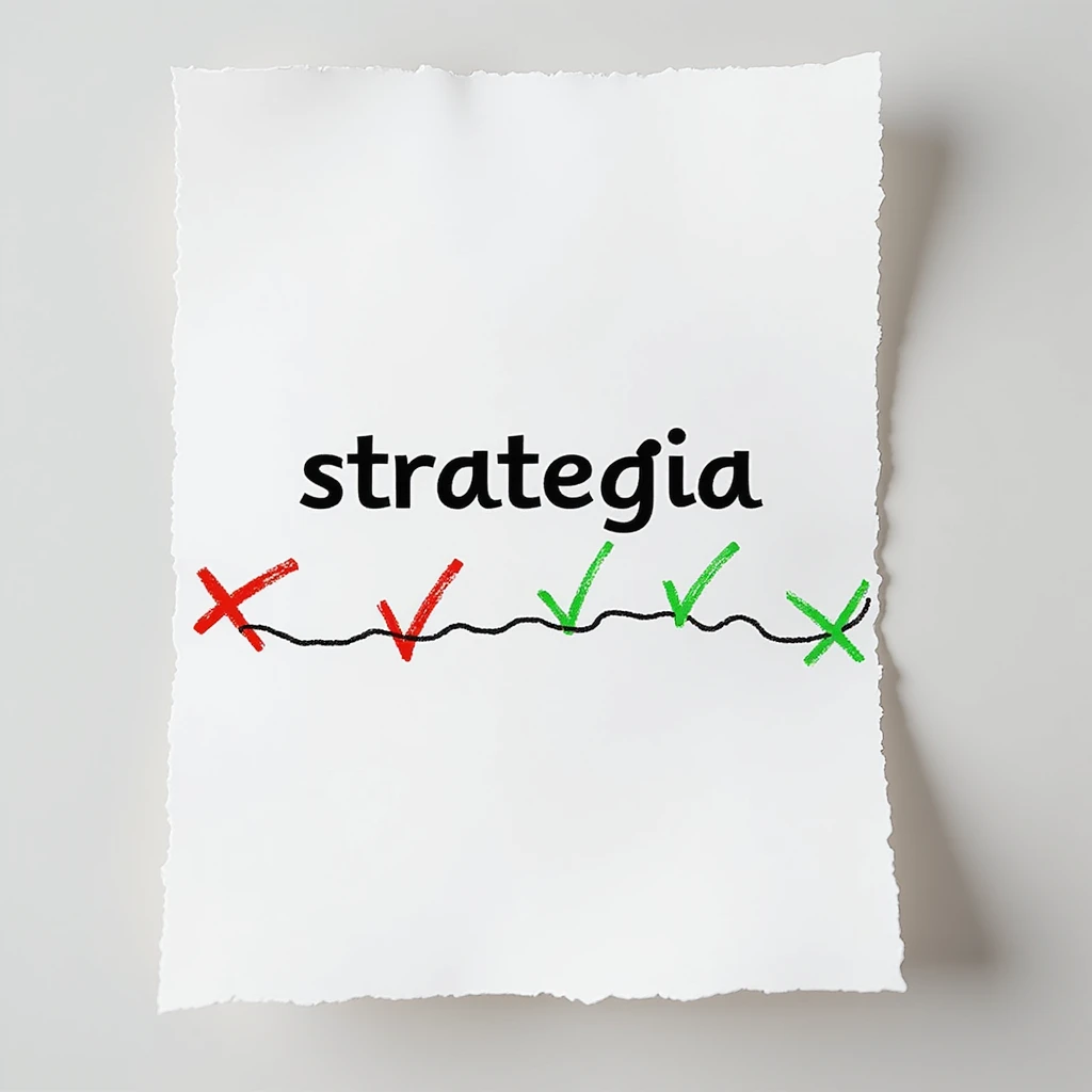 hyperrealistic 4K sheet of paper with the word 'strategia' written on it, a wavy line representing various stages, some marked with red crosses and others with green check marks, photorealistic style emoji