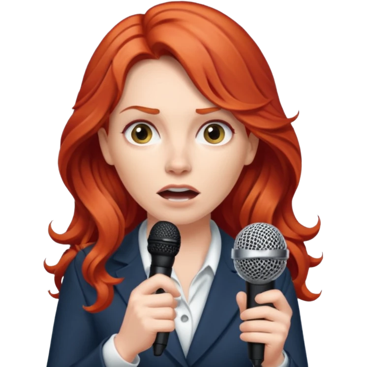 Intense fear of public speaking, white woman, long curly red hair, make hair more wavy and less puffy. Please add a microphone. emoji