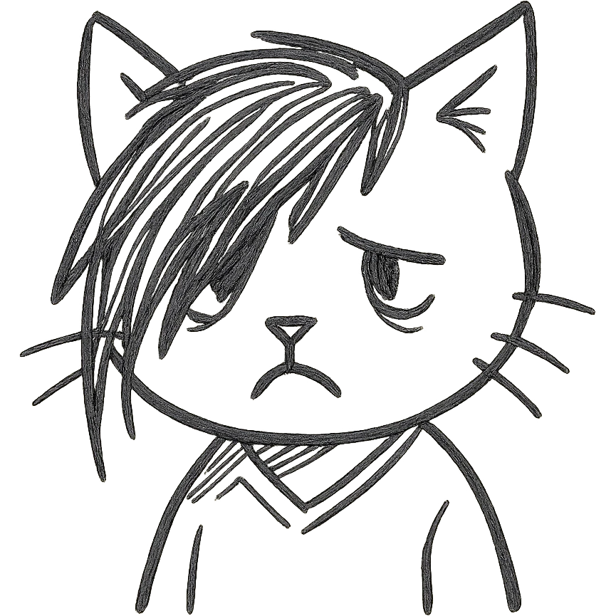 emo kitty with sketchy lines, sad face, hand drawn outline style emoji