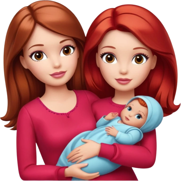 A barbie girl with makeup with brown hair long with a baby, a daughter, a girl with red hair, holding her hand in red clothes emoji