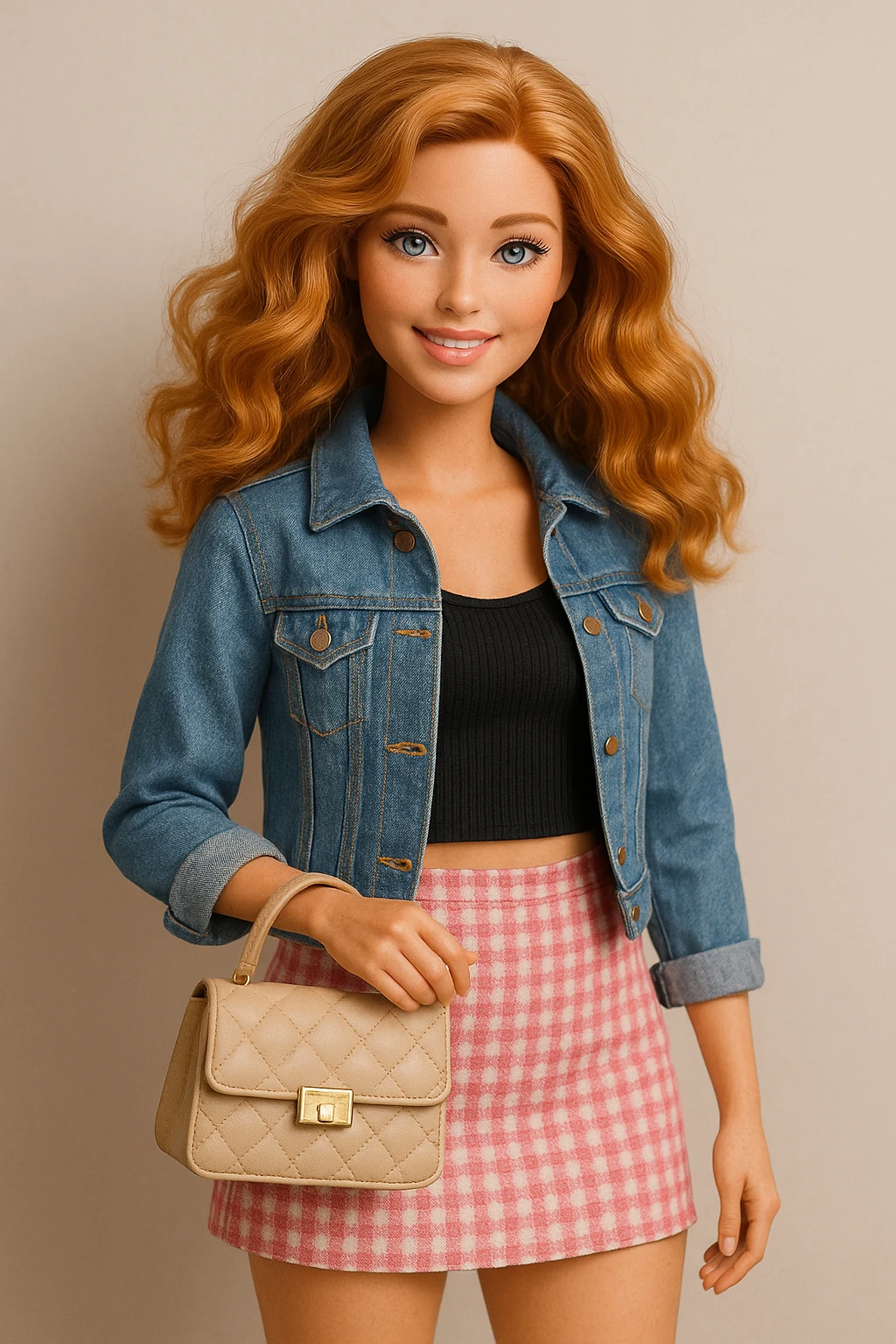 Barbie with wavy ginger hair, trendy outfit, holding a purse, friendly expression emoji