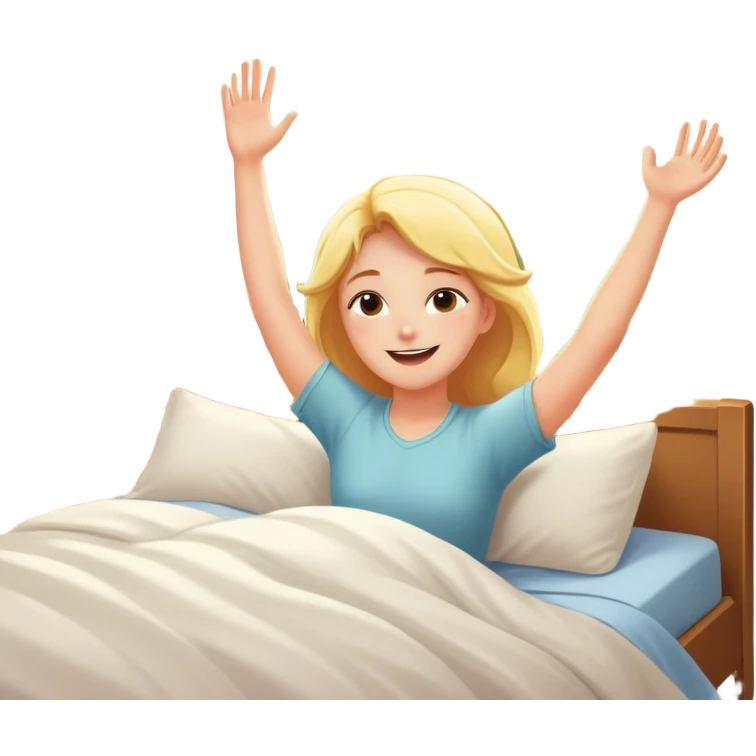 a person waking up early, stretching in bed with sunlight coming through the window, cheerful and fresh emoji