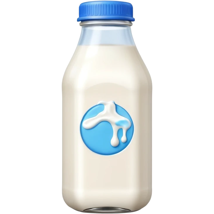A 3D cartoon bottle of milk with white liquid, blue cap, clean reflections, Memoji-style. emoji