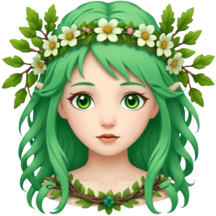 A forest princess with green hair, green eyes, wearing a wreath of flowers and branches emoji