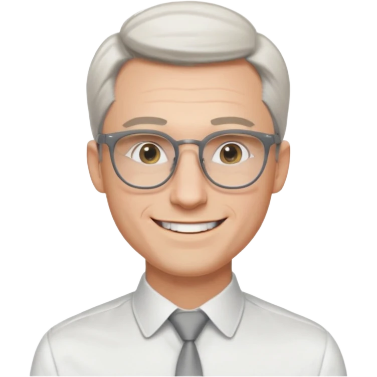 30 yr old pale white man, white/grey side swept stylish hair, round glasses, big smile, white teeth, handsome, longer hair, thin glasses, white dress shirt, smooth forehead, botox, no tie, open collar emoji