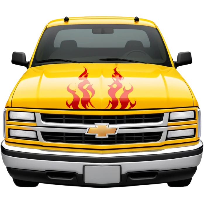 Bright yellow 1997 Chevrolet Silverado with authentic red flame print decal across the front hood, precise Kill Bill movie detail, 30-degree angle, iOS emoji style emoji
