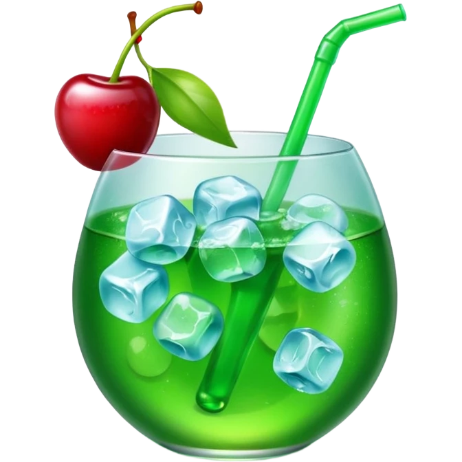 Create an emoji with a very clear rounded glass and ice, bright transparent green soda , a smooth vanilla scoop circle shape, a glossy red cherry, using vibrant colors, soft shading, and clear glass highlights.
 emoji