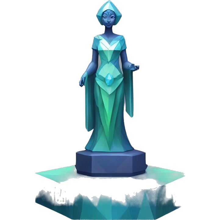 Sculpture oracle priestess with a geometric faceted design with disney features. Oracle of delphi is sparkling and standing upright on a base with angular and flower features. The vibrant blues neutrals and greens highlights the sharp edges and planes.  emoji