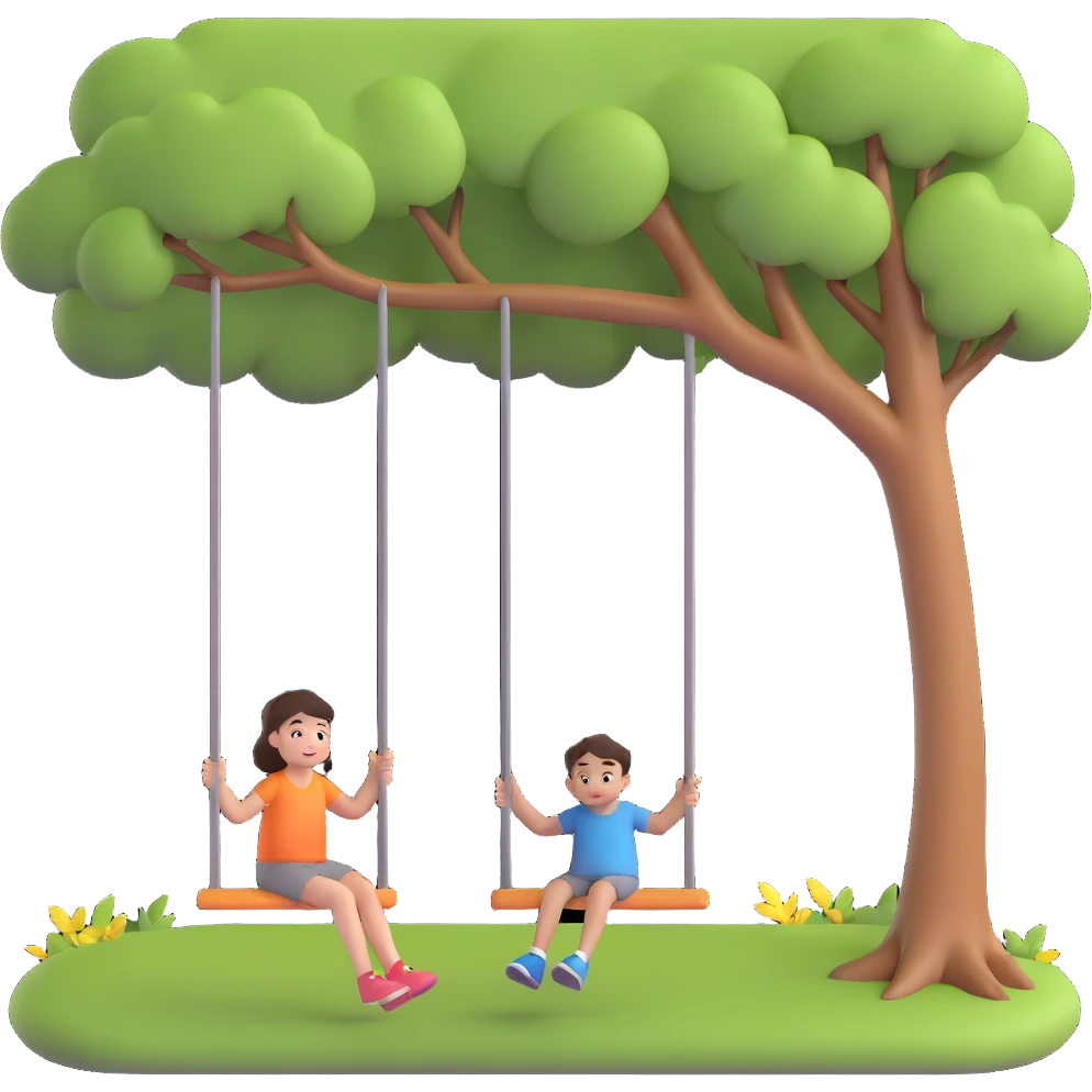 A person pushing a swing with a child sitting on it, outdoors, under a tree, in daylight. The swing is moving back and forth. Focus on the motion of swinging and the person gently pushing it emoji