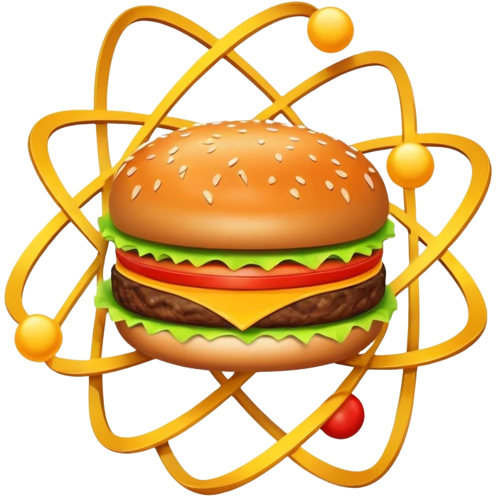 burger as the nucleus of an atom with electrons orbiting around it emoji