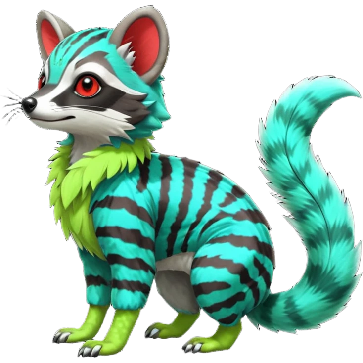 Colorful neon red-striped cyan-spotted lime-green tropical exotic cute cool beautiful shiny beautiful fantasy-civet-genet-sergal-vernid-Gryphon-Cacomistle-Trico-oncilla-animal-Fakémon-hybrid-fursona (full body) emoji