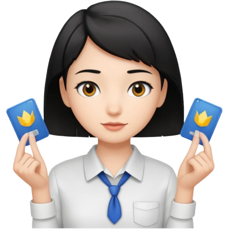 A young guide with short black hair and fair skin is wearing a white shirt, showcasing her license with both hands, which is horizontal. emoji