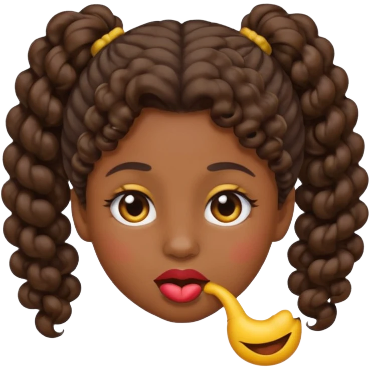 emoji sucking its lips in with one eyebrow up and the other one down dark skin and curly hair in one ponytail emoji