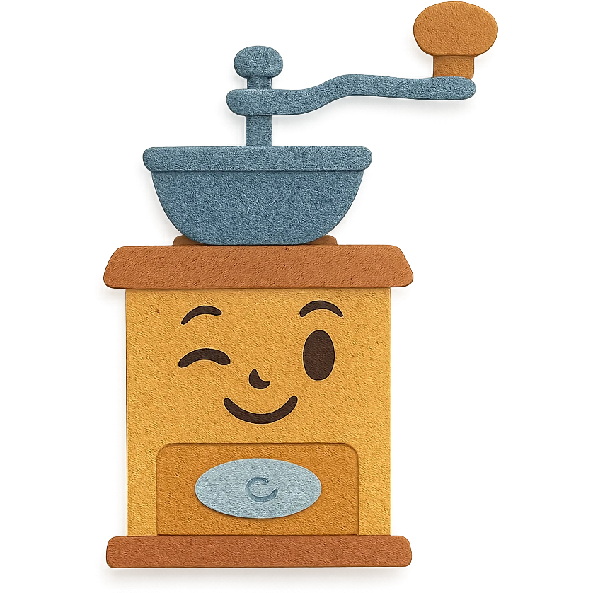 vintage coffee grinder, full body, winking, hand-drawn soft pastel style emoji