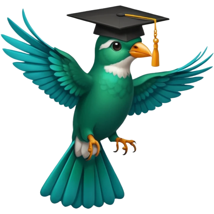 Un COLIBRÍ con birrete de graduación y que el colibrí sea turquesa oscuro, que este se vea bastante realista  emoji