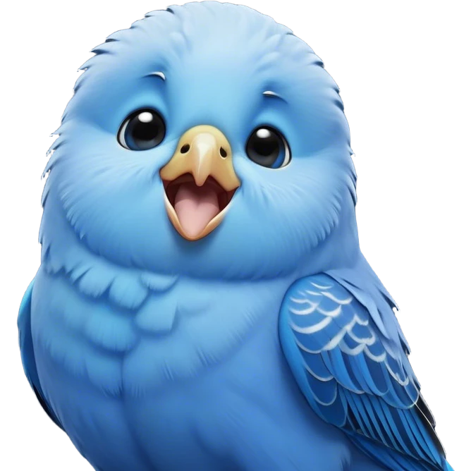 Cinematic Cute Yawning Blue Budgie Portrait Emoji, Head tilted slightly with a dramatic, wide-open yawn, showcasing a soft, downy blue feathered fur with gently drooping wings, round dark eyes barely open in drowsy contentment, Simplified yet irresistibly adorable features, highly detailed, glowing with a soft, cozy glow, high shine, relaxed yet expressive, stylized with a touch of whimsy, bright and endearing, soft glowing outline, capturing the essence of a sleepy yet affectionate budgie, so drowsy it feels like it could stretch out of the screen and curl up for a nap! emoji