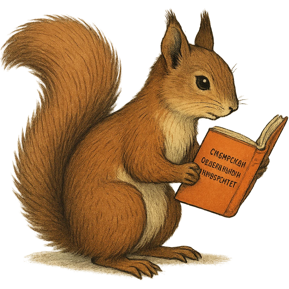 A cute brown squirrel with an orange book, studying at Siberian Federal University, side view, full body, detailed fur, intelligent and beautiful emoji