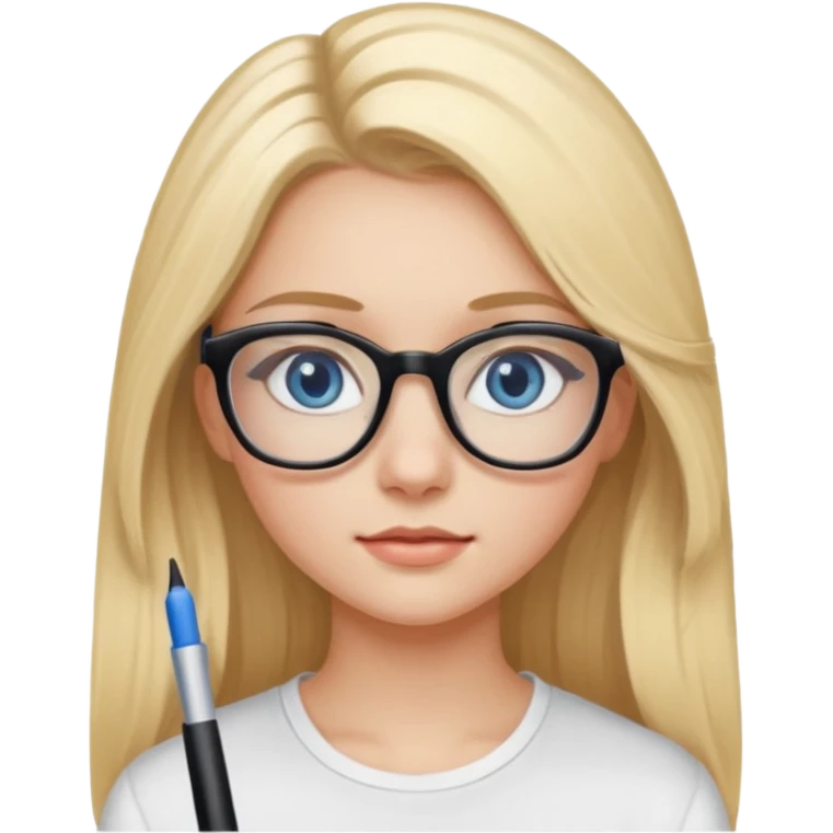 Fille 20ans qui a des cheveux long et blond  avec des lunettes et des yeux bleu- gris avec du mascara sur les yeux et un haut blanc emoji
