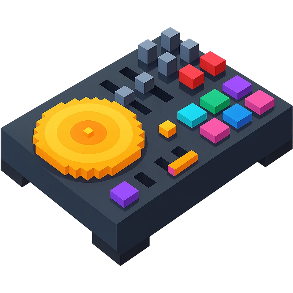 DJ equipment close-up with detailed knobs and glowing buttons emoji