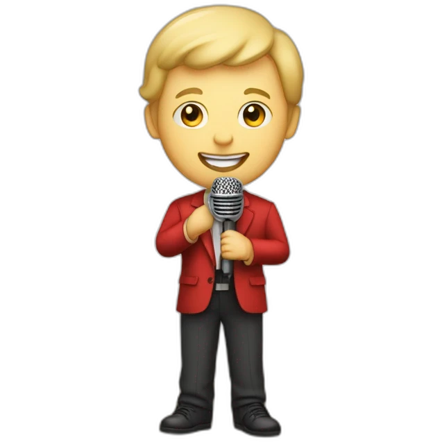 white light skin man person in theater standing on a stage with red curtains holding a microphone smiling with light hair emoji