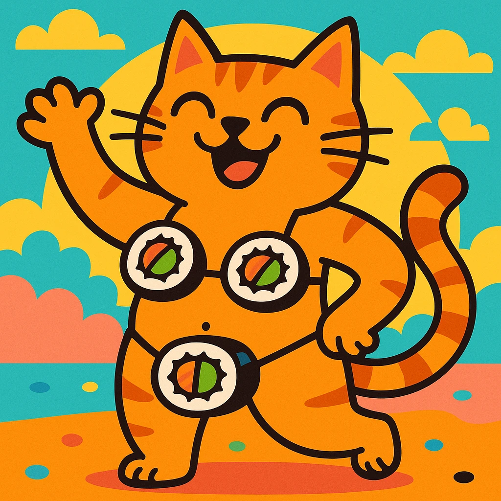 funny cat wearing a bikini made of sushi rolls, whimsical emoji