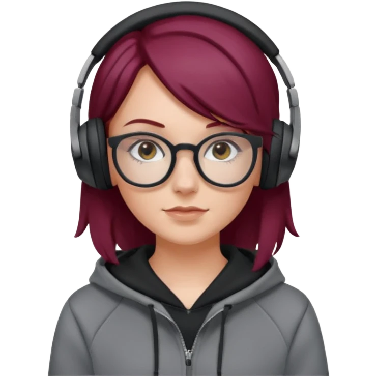 white girl with burgundy hair, gray glasses, black deportive hoodie and black headphones emoji
