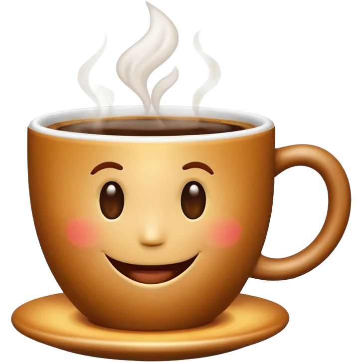 Create an emoji-style image of a warm morning cup of coffee with steam rising and a cheerful smiling face on the cup. The background should feel cozy and bright, like morning sunshine. emoji