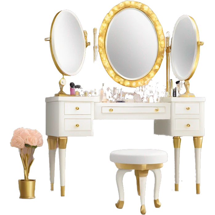 White vanity with gold mirror and clear chair with gold legs and makeup displayed  emoji