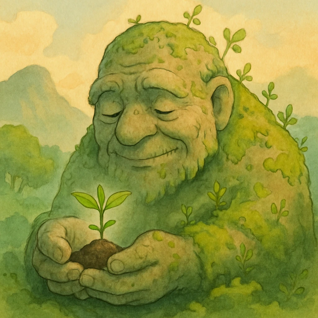 An ancient mountain spirit resembling a wise old creature with stone-like skin covered in moss and small plants growing from its body, gently cradling a tiny sapling, painted in a soft whimsical style emoji