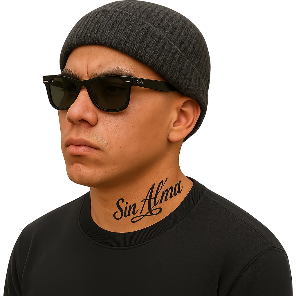 Modify the Latino male to resemble the rapper FlakoSteppn, keeping the beanie, Ray-Bans, black long sleeve shirt, no facial hair, and 'Sin Alma' tattoo on neck, in a realistic style, no background. emoji