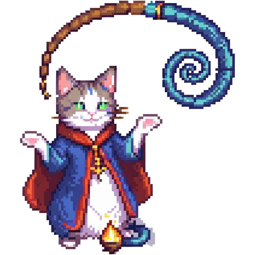 cat magician conjuring a spiral, pixel art style emoji
