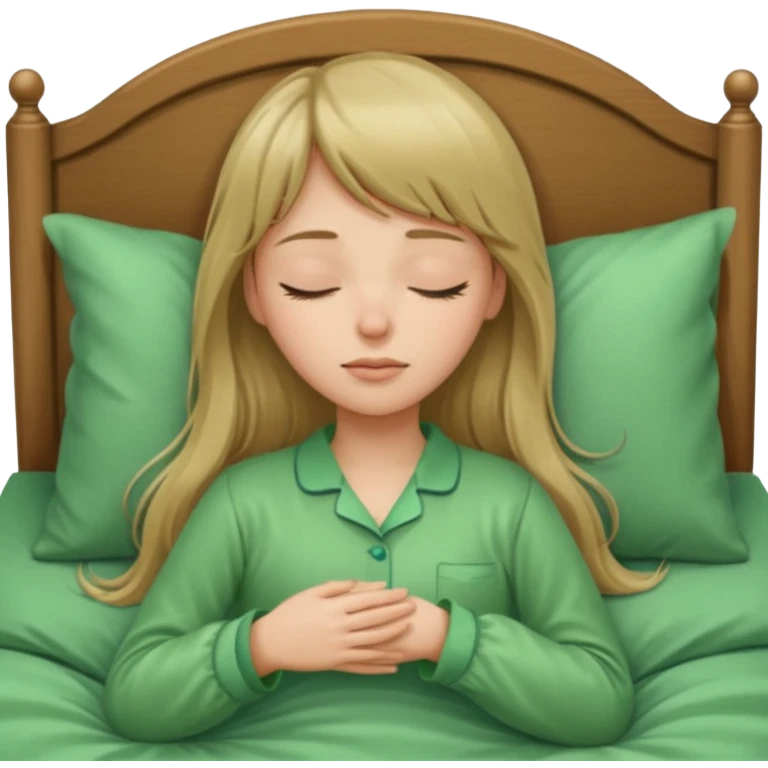 Young woman with long dark blond hair and a bang sleeping in bed  with green pyjama emoji