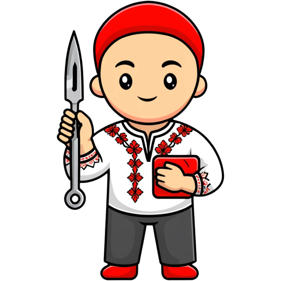 A Ukrainian man wearing traditional white embroidered vyshyvanka shirt holding red scissors in one hand and a spanner/wrench in the other hand emoji