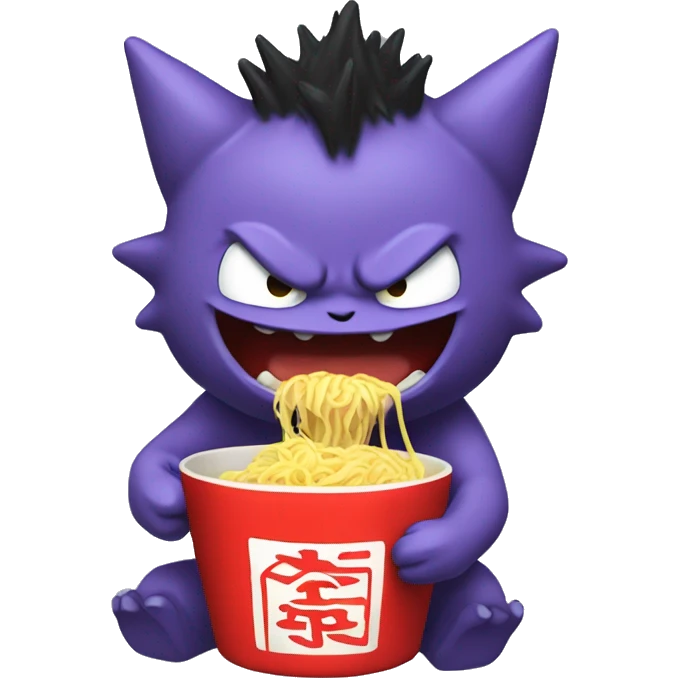 iOS emoji art style, Pokémon character Gengar, eating ramen noodles. emoji