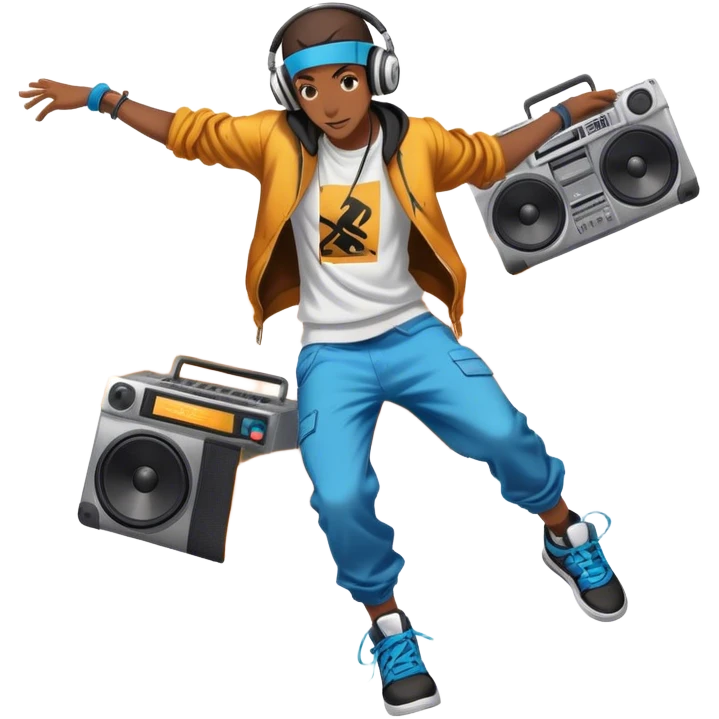 Icon for Street Dance: a dancer in urban streetwear performing a dynamic breakdance move, with a spray-painted background  and boombox nearby,  headphones. The icon should represent the energy, style, and creativity of street dance culture. Transparent background. emoji