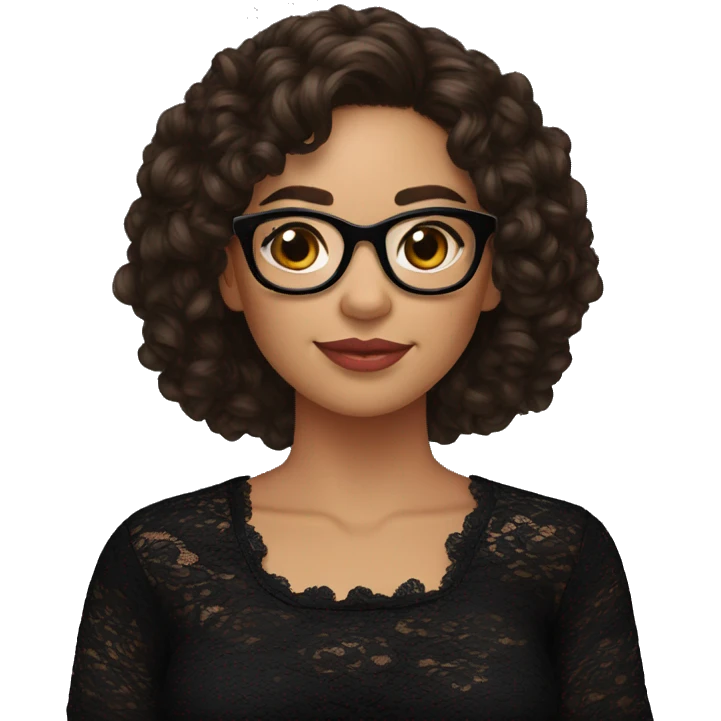Hispanic woman with black glasses and long brown curly hair over the shoulder, holding yarn wearing a black lace shirt emoji