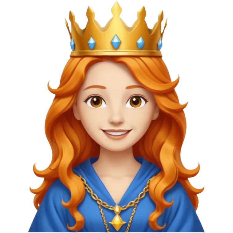 young queen white skin, long wavy orange hair, bright smile, wearing crown and blue robe emoji emoji