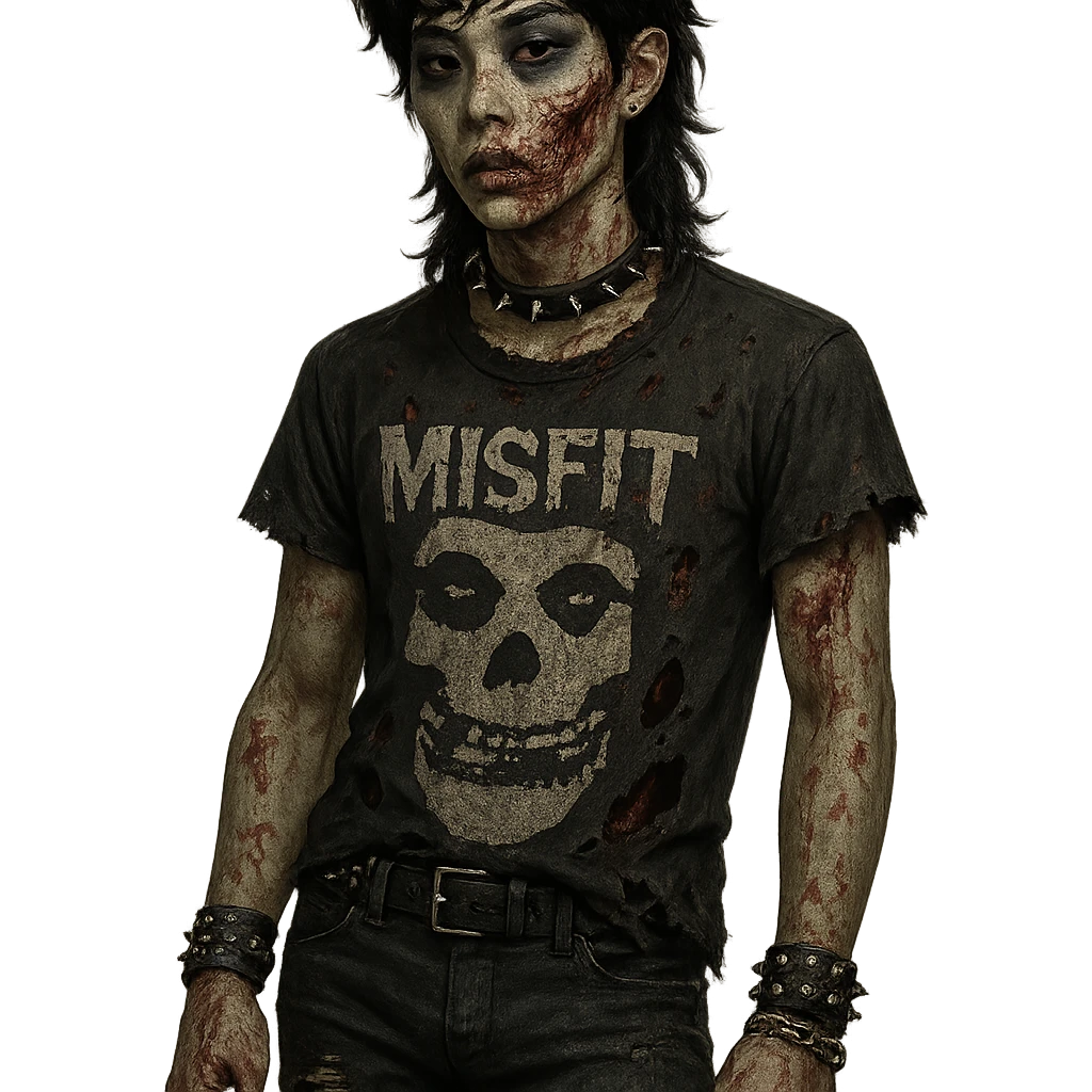 zombie boy with a mullet hairstyle, grunge emo fashion, attractive, Asian features, detailed, high quality emoji
