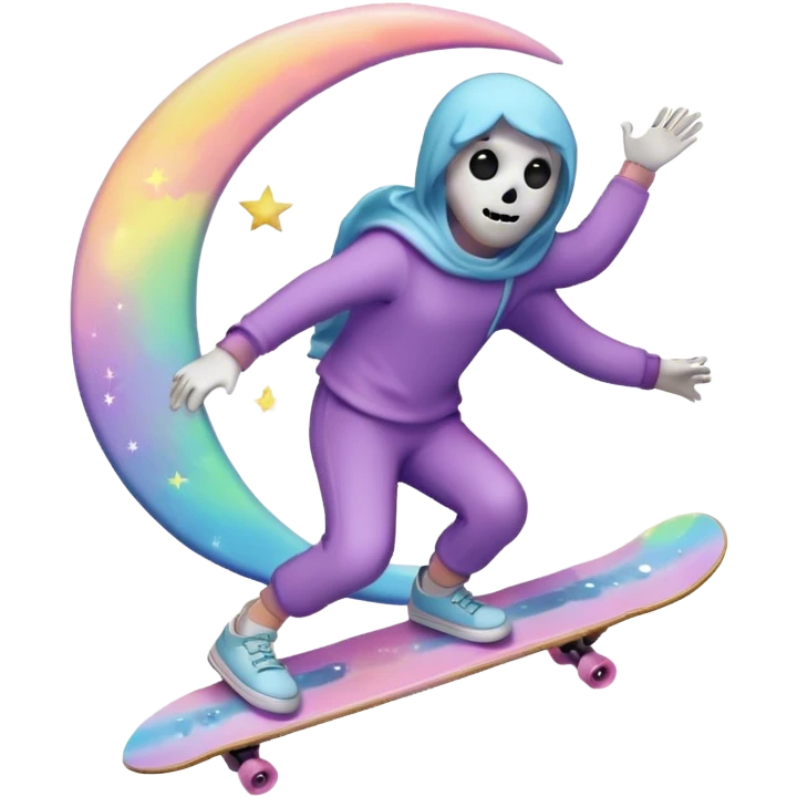 ghost skateboarding under a pastel moon and stars emoji