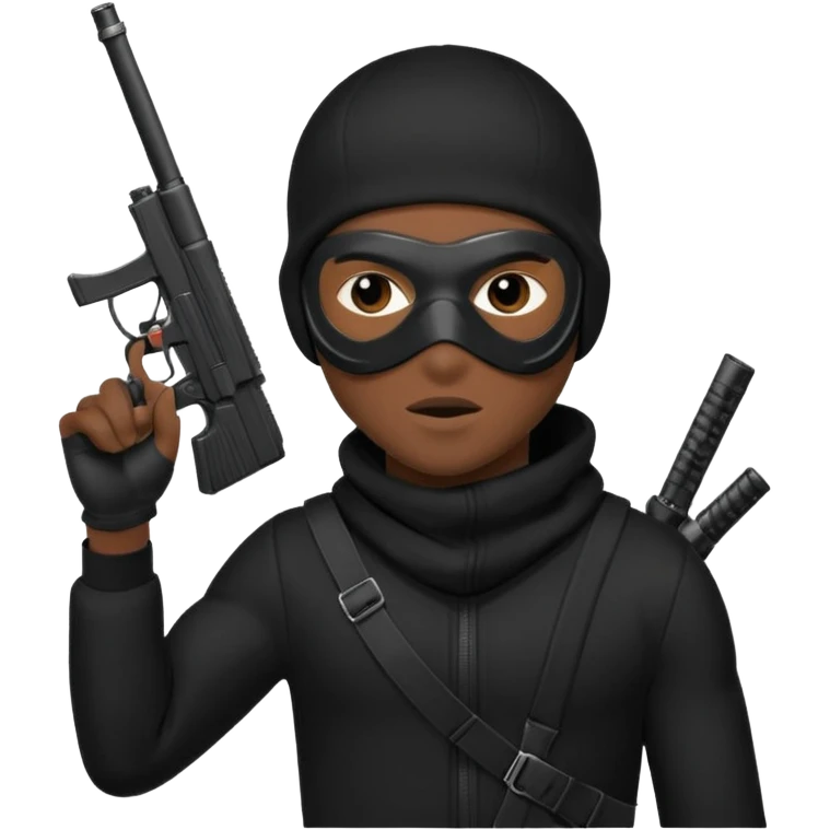 A young African male wearing a ski mask in full black clothing, holding a micro Draco gun in the air carelessly emoji